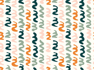 Abstract party ribbon seamless vector pattern. Painted symbols like ribbons. Party repeat in pink, orange and green on white. Great for home decor, fabric, wallpaper, stationery, design projects.