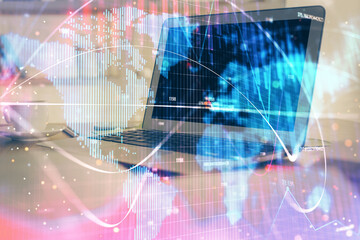 Multi exposure of business theme icons and work space with computer background. Concept of success.