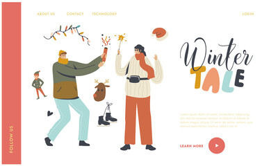 Holidays Celebration Landing Page Template. Couple Characters with Sparkler and Сracker Celebrate Christmas or New Year