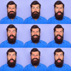 Different emotions. Collage of different emotions. Emoticon set. Emotion set of bearded man....