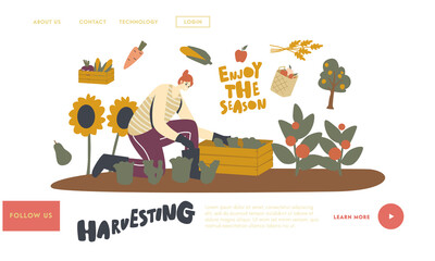 Gardener Character Harvesting Ripe Vegetables Landing Page Template. Woman Farmer in Gloves Working in Garden Harvesting