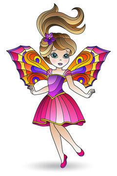 Illustration in stained glass style of a cartoon winged fairy in a bright dress, isolated on a white background