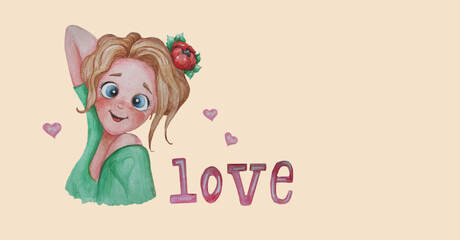 Portrait of a beautiful, smiling girl with a scarlet flower in her hair on a pink background with hearts and the word love. cute Watercolor. Hand drawing. Horizontal poster for design and writing text