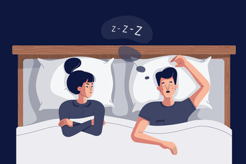 Woman suffers insomnia because of snoring man in bed. Husband snores loudly and angry frustrated wife can not sleep because of noise snoring. Vector illustration of cartoon couple in bed, flat design