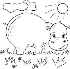 Vector cartoon hippo.Cute little hippo character, hand drawn vector illustration.Coloring book hippopotamus, african, savannah animal.Can be used for t-shirt print, kids wear, baby shower, nursery.