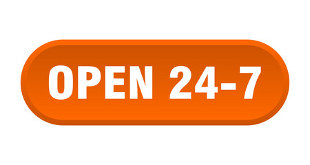 open 24 7 button. rounded sign on white background