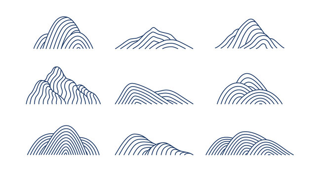 Collection of mountain shapes icons isolated on white background. Line art design. Vector flat illustration. 