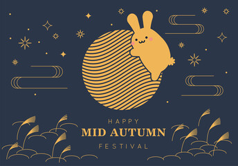 Moon Cake Mid Autumn Festival Chuseok Day Orientals Rabbit and Moon Background Vector