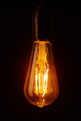 Vintage light bulb on black background, closeup. Glowing edison bulb