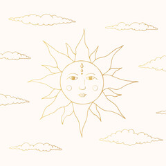 Golden celestial sun with face and clouds. Vector space illustration in boho style with bursts. Gold mystic poster.