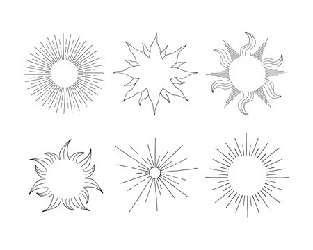 Set of celestial sunbursts. Vector isolated illustration in boho style with solar bursts.