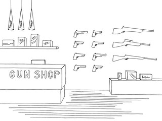 Gun shop hunting store interior graphic black white sketch illustration vector