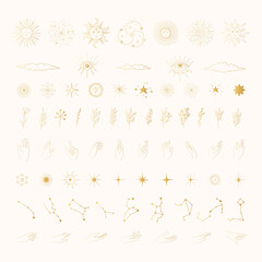 Big golden set of hand drawn space and boho elements. Stars, clouds, esoteric icons, hands, celestial sun with face, galaxy, starburst, constellations, branches. Gold Scandinavian design. © Kirill