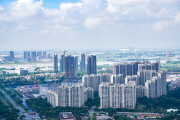 Fototapeta na wymiar Dense residential developments in Nansha Free Trade Zone, Guangzhou, China