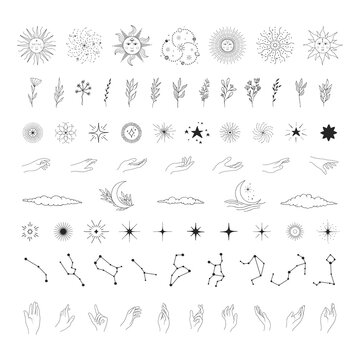Big set of hand drawn space and boho elements. Stars, clouds, half moon, hands, celestial sun with face, galaxy, starburst, constellations, branches. Scandinavian design.