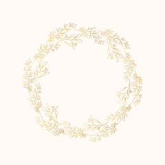 Round foliage golden wreath with floral branches. Vector isolated spring gold flourish border. Elegant rustic invitation frame for wedding card.	