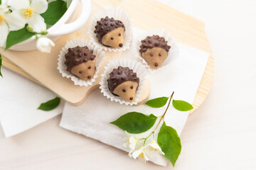 Handmade candy in the form of hedgehogs. A sweet birthday present for the kids