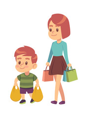 Good manners. Boy helps mom. Polite kid with good manners holding packages in supermarket. Mother with son shopping together. Children etiquette concept cartoon vector illustration