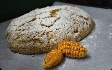 Brot backen mit Mais, Maisbrot vor schwarzem Hintergrund mit Mehl in herbstlichen Farben