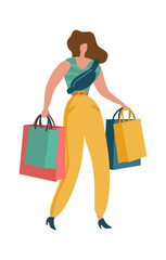 Shopper woman. Shopaholic female with shopping bags in mall young fashion byer girl image for sale or discount ad. Buying gifts and presents flat vector isolated cartoon illustration