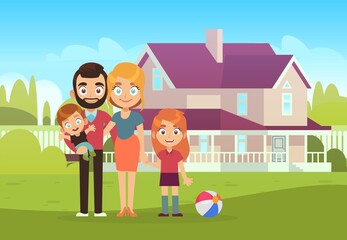 Plakat Happy family on background of house. Father, mother, son and daughter kids buying and moving to new apartment summer landscape flat vector illustration