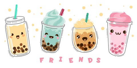 Bubble tea. Milk tea with tapioca, modern taiwanese pearl liquid dessert with balls, soft boba drinks plastic cup with emotions smile characters, green and fruit tea cartoon vector set © YummyBuum
