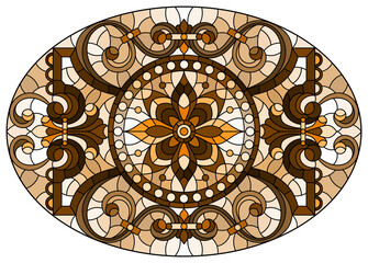 Illustration in stained glass style, round mirror image with floral ornaments and swirls,brown tone ,sepia, oval image