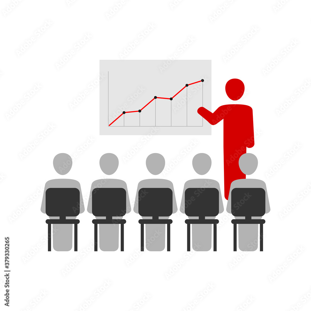 Poster presentation with speaker demonstrating graph with growth on whiteboard and group of people sitting 