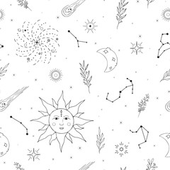 Seamless  pattern with sun with face, stars, branches, galaxy, zodiac sign, crescent, half moon, starburst.. Hand drawn space background. Texture with constellations in boho style for wrapping paper.