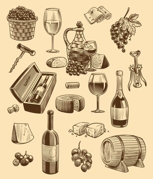 Hand drawn wine set. Engraving images of bottle and wineglasses, bunch of grapes and sliced cheese, corkscrew and wooden barrel, vector sketch style collection for restaurant or cafe menu