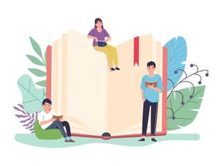 Reading book concept. Huge open textbook and tiny people reading books, e-learning and library, distance studying and self education, woman and men learning flat vector illustration