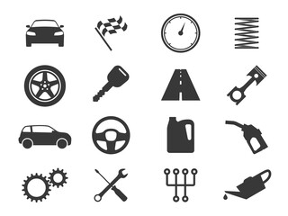 Auto icons. Black vehicle silhouettes, auto service and garage, gas station and transmission, car race flag, road and gears, speedometer vector signs on white background