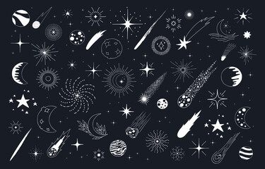 Holiday Christmas pattern with stars, comets, galaxy, sun and moon. Kids doodle wallpaper. © Kirill