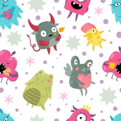 Monsters seamless pattern. Funny incredible creatures with smiles goofy faces characters, color kids creative design textile, wrapping paper, wallpaper vector texture on white background