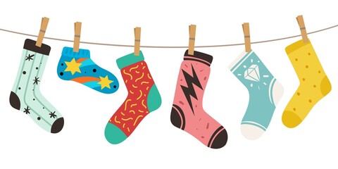 Socks on rope. Female, male and kids trendy fashion socks with color patterns. Stylish cotton and woolen long and short footwear vector colorful doodle concept of cute cozy accessories