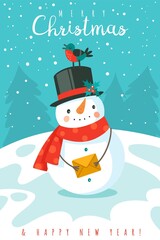 Snowman. Happy new year and merry christmas greeting card with cheerful snowman in scarf and snowflakes, festive winter cartoon xmas cute character vector december holiday background