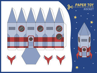 Rocket paper cut toy. Missile 3d paper model, create toys spaceship kids educational game. Preschool children gaming puzzle worksheet, craft page cartoon vector illustration