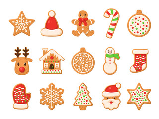 Gingerbread. Christmas gingerbreads santa and cane, xmas tree, ginger cake man, snowflake, snowman and sock, home and star homemade sweet glaze cookie winter food vector isolated set
