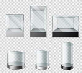 Glass showcase. Transparent plastic cube with glossy glare reflections, empty cylinder for presentation product museum and exhibition cases 3d vector set on transparent background