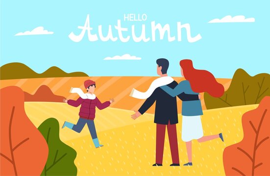 Hello autumn. Happy family in autumn park young parents mother father and son walking among yellow trees with falling orange leaves fall landscape, greeting with lettering vector background