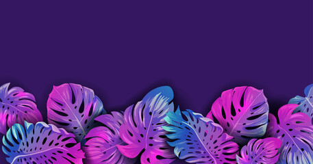 Summer tropical neon vector design background, Tropic palm leaves vibrant poster, hawaii floral frame flyer