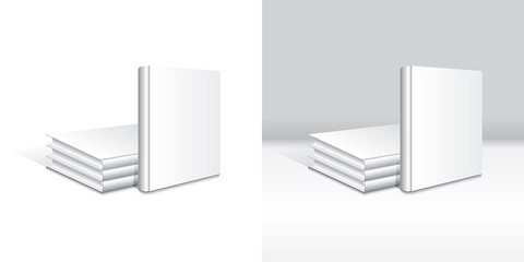 A standing book in front of blank white hardcover stacking book set mockup template.