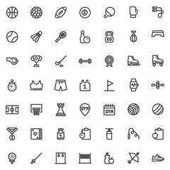 Sports equipment line icons set. linear style symbols collection, outline signs pack. vector graphics. Set includes icons as basketball, soccer ball, tennis, clothes, exercise plan, healthy food