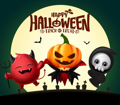 Halloween background vector banner design. Happy halloween text with scary characters like pumpkin, grim reaper and demon characters for trick or treat children party.  Vector illustration