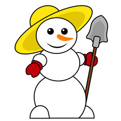 Funny snowman with a hat and a shovel. Vector illustration on a white isolated background.