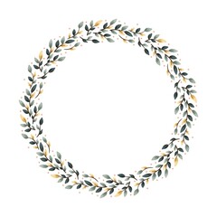 Watercolor digital illustration. Botanical wreath of green branches and leaves with flowers and polka dots. Floral Design elements.
