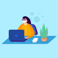 Woman in medical masks sit in the office.