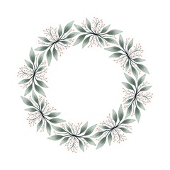 Watercolor digital illustration. Botanical wreath of green branches and leaves with flowers and polka dots. Floral Design elements.