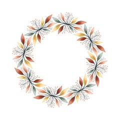 Watercolor digital illustration. Botanical wreath of green branches and leaves with flowers and polka dots. Floral Design elements.