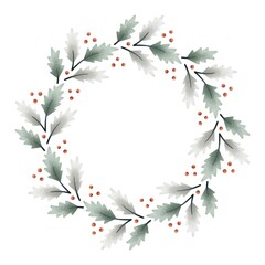 Watercolor digital illustration. Botanical wreath of green branches and leaves with flowers and polka dots. Floral Design elements.